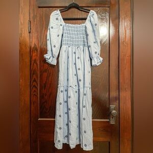 Baby Blue Smocked Bodice Puff Sleeve Midi Dress | Designer Inspired | Medium